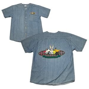 Looney Tunes VTG 90s Graphic Denim Baseball Jersey Shirt Tweety Daffy Large